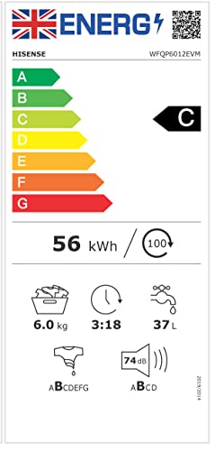 Freestanding Front Load Washing Machine – 6kg, Inverter Motor, 15 Programs, Quick & Steam Wash, 1200 RPM, White, Energy Class C