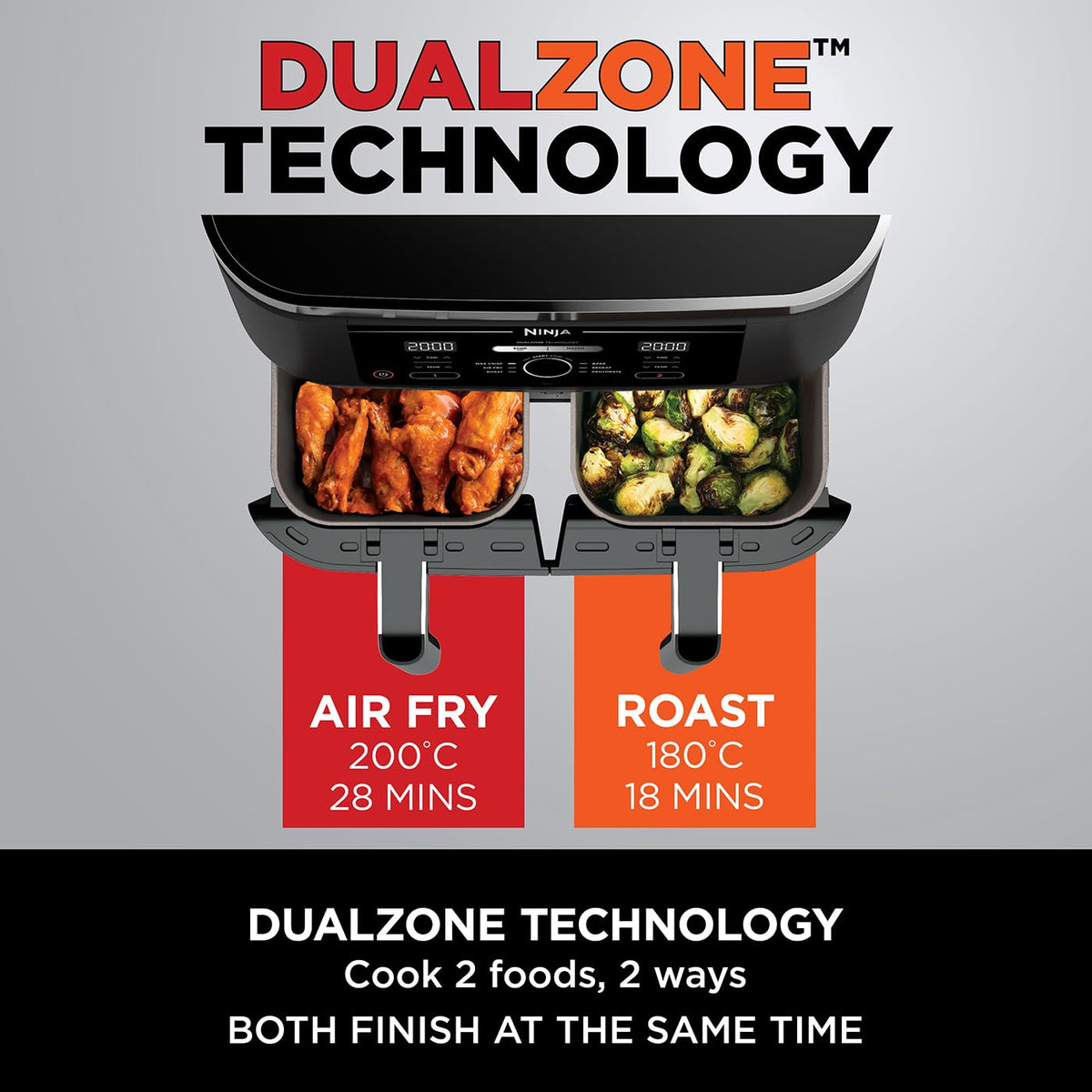 Ninja Foodi Dual Zone Digital Air Fryer, 2 Drawers, 7.6L, 6-in-1, Uses No Oil, Air Fry, Max Crisp, Roast