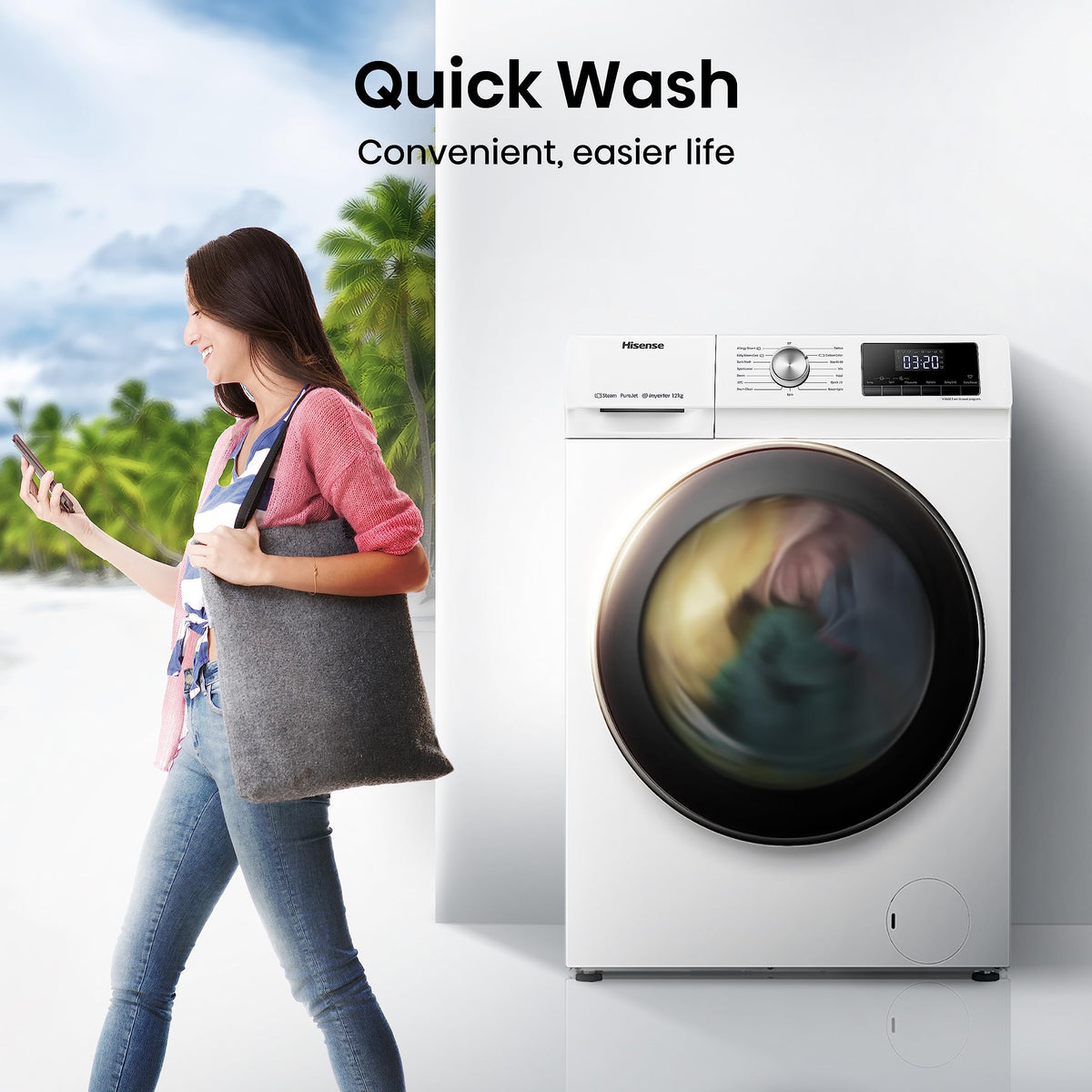Freestanding Front Load Washing Machine – 12kg, Inverter Motor, 15 Programs, Quick & Steam Wash, 1400 RPM, White, Energy Class A
