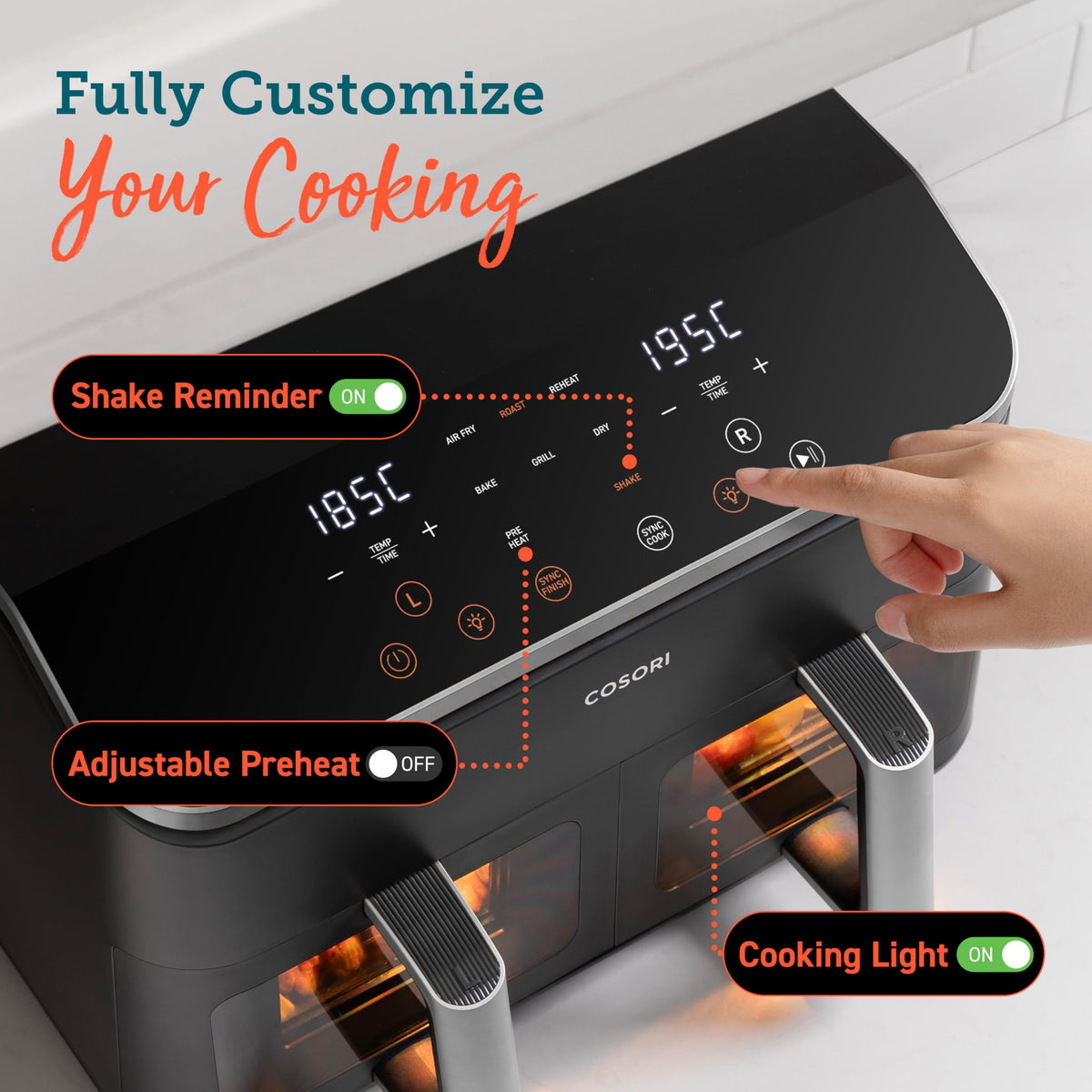 COSORI Dual Air Fryer, 8.5L Family Size, 8-In-1, Air Fry, Roast, Bake, Reheat, Dehydrate, Grill