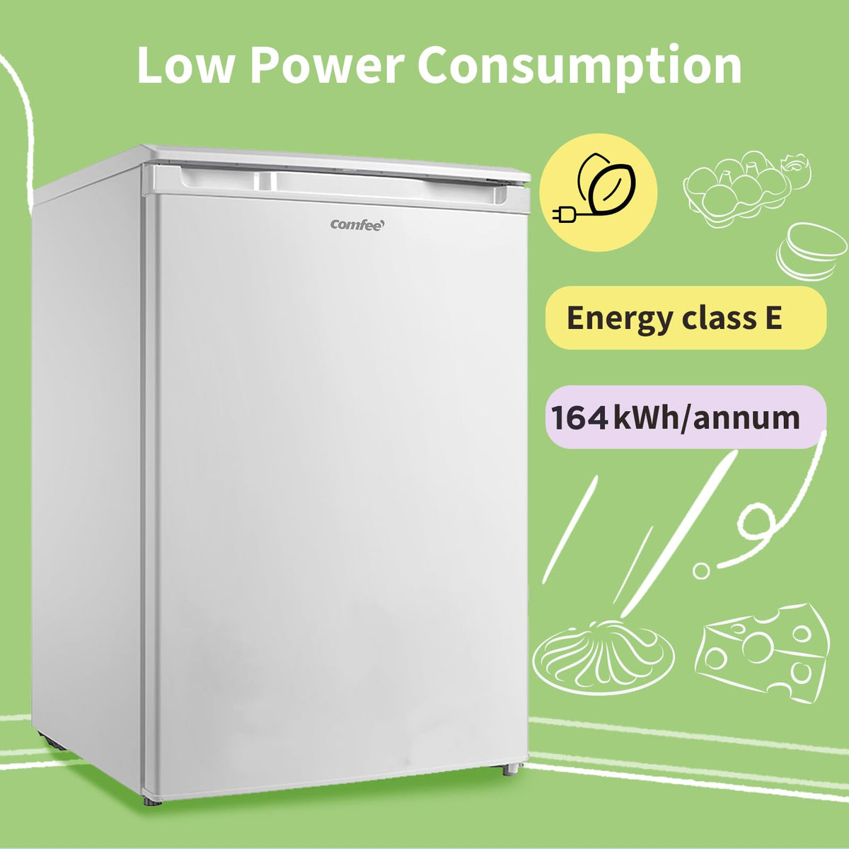 COMFEE' RCU83WH2(E) 88L Freestanding Under Counter Freezer, 55cm Wide, Reversible Door
