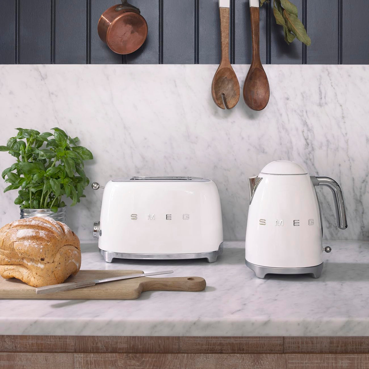 Smeg KLF03WHUK 1.7Ltr - 3kw Kettle and TSF01WHUK 2 Slice Toaster Set in White
